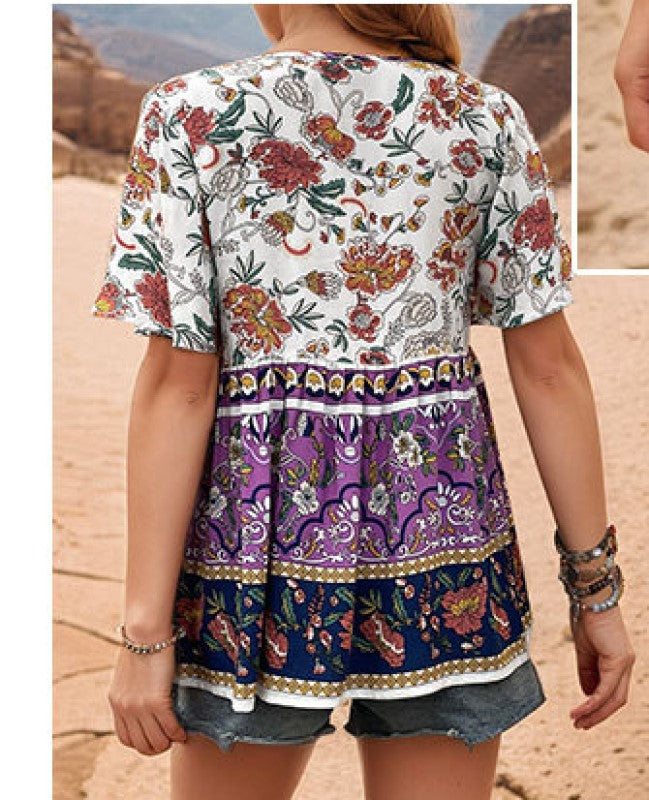 Purple Tie-Up Neck Print Georgette Top