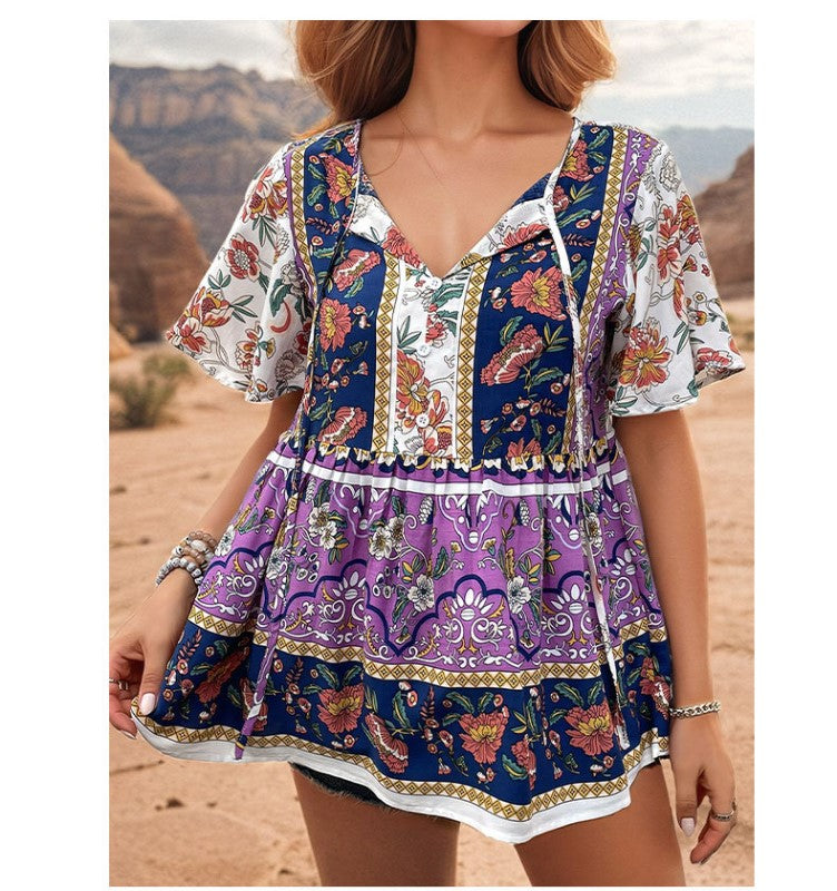 Purple Tie-Up Neck Print Georgette Top