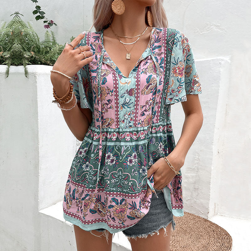 Blue Floral Printed Tie-Up Neck Flared Sleeves Longline Top