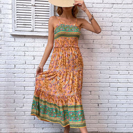 Orange Floral Printed Shoulder Straps Maxi Dress
