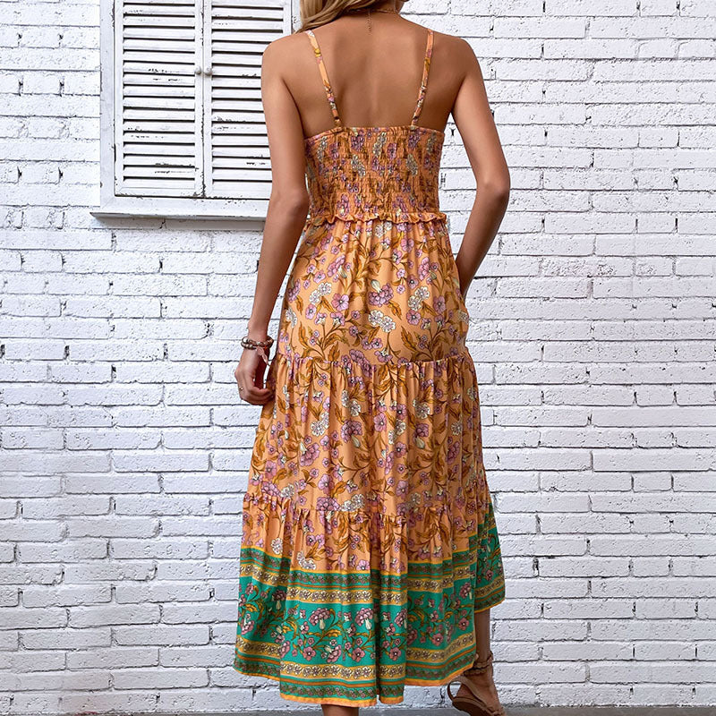 Orange Floral Printed Shoulder Straps Maxi Dress