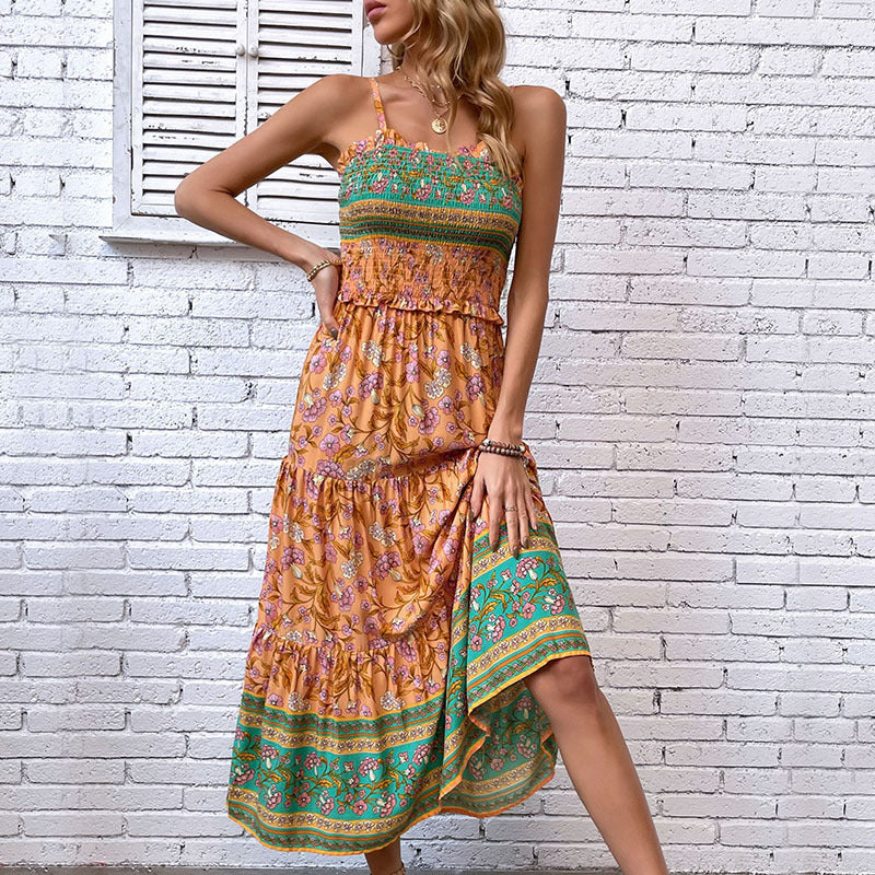 Orange Floral Printed Shoulder Straps Maxi Dress