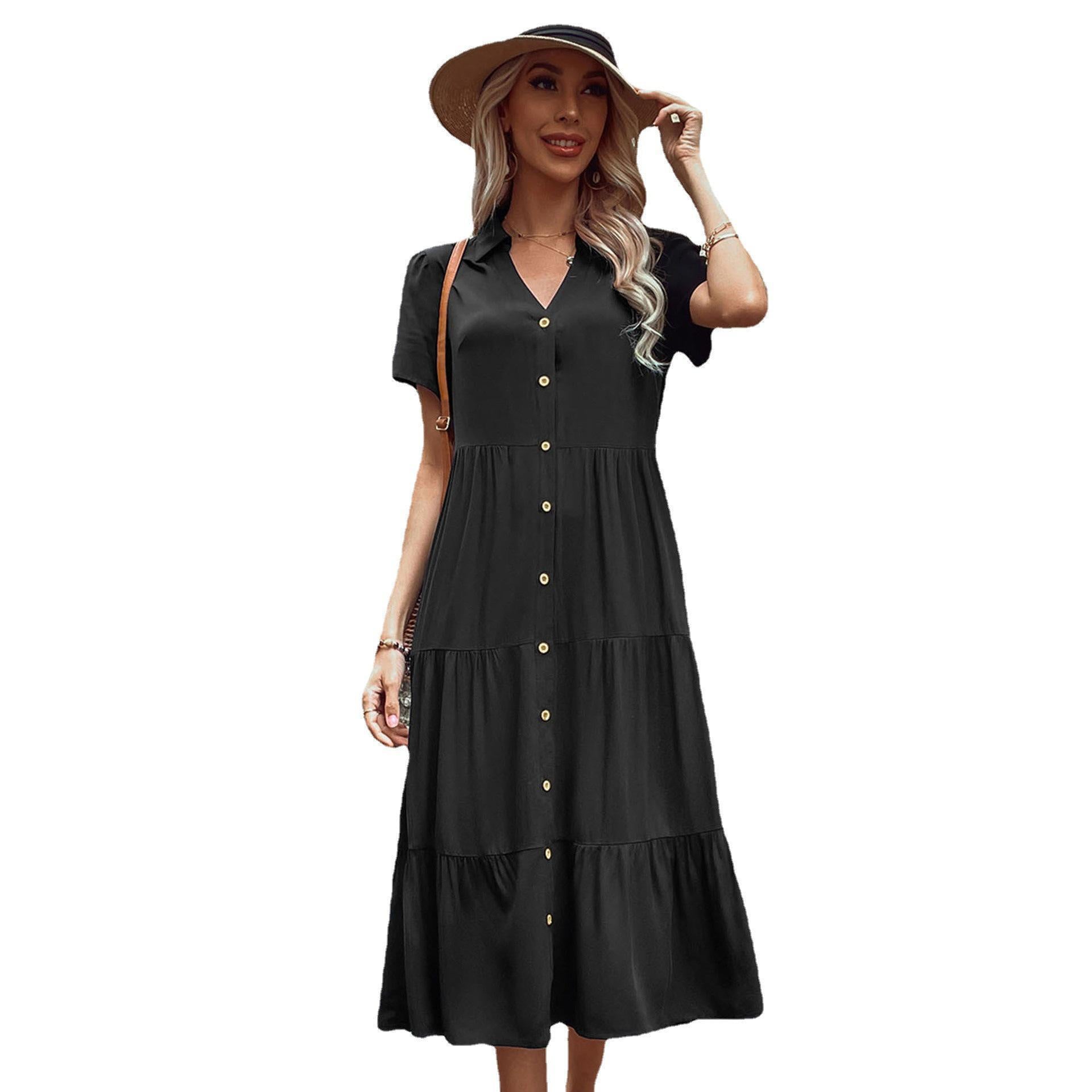 Women Shirt Collar A-Line Midi Dress