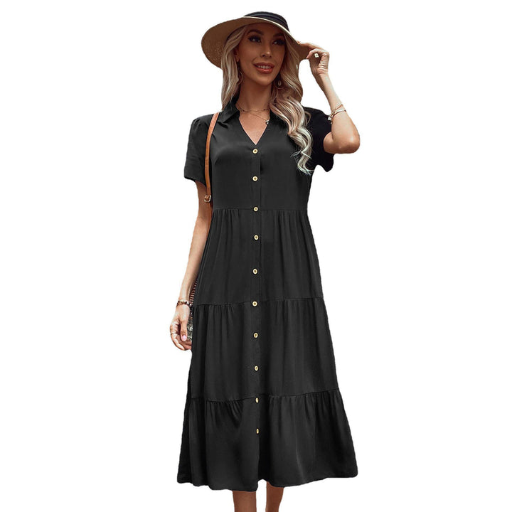 Women Shirt Collar A-Line Midi Dress