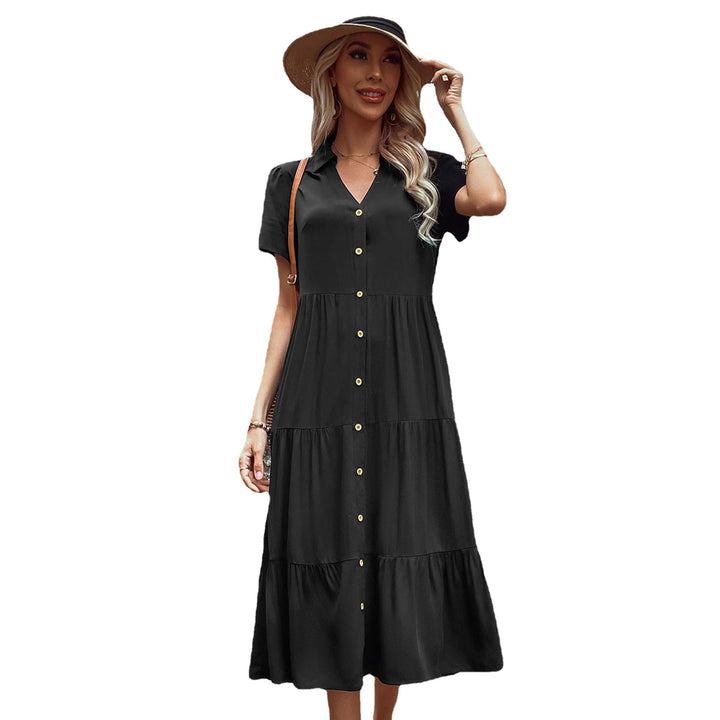 Women Shirt Collar A-Line Midi Dress