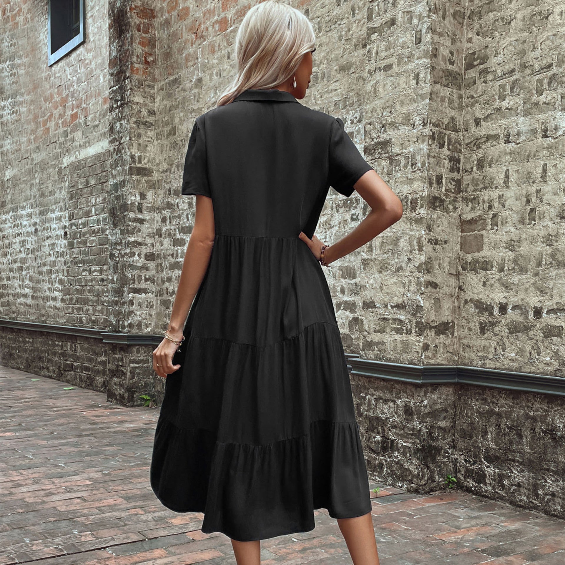 Women Shirt Collar A-Line Midi Dress