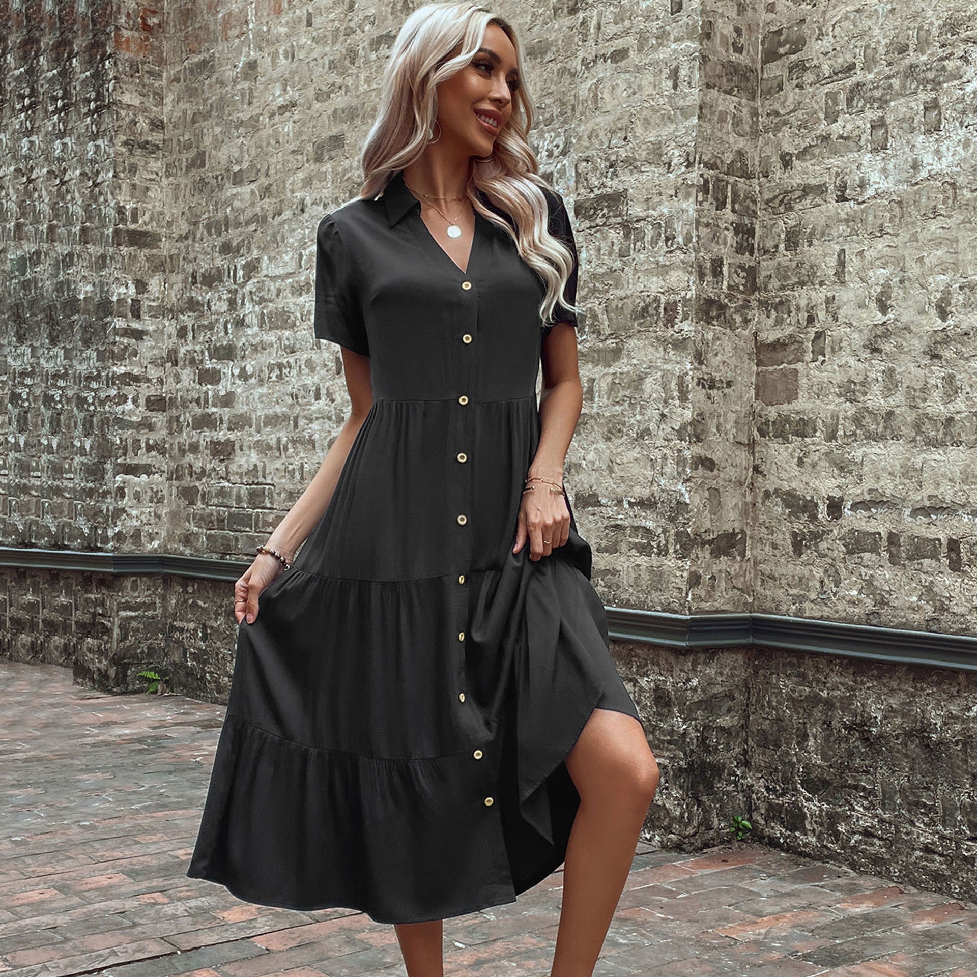 Women Shirt Collar A-Line Midi Dress