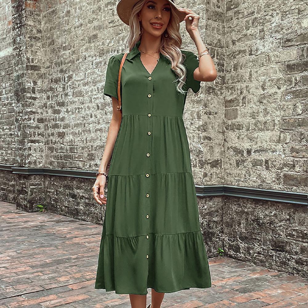 Shirt Collar Short Sleeves Tiered Shirt Midi Dress