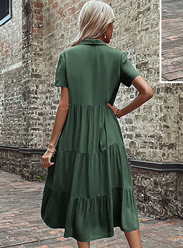 Shirt Collar Short Sleeves Tiered Shirt Midi Dress