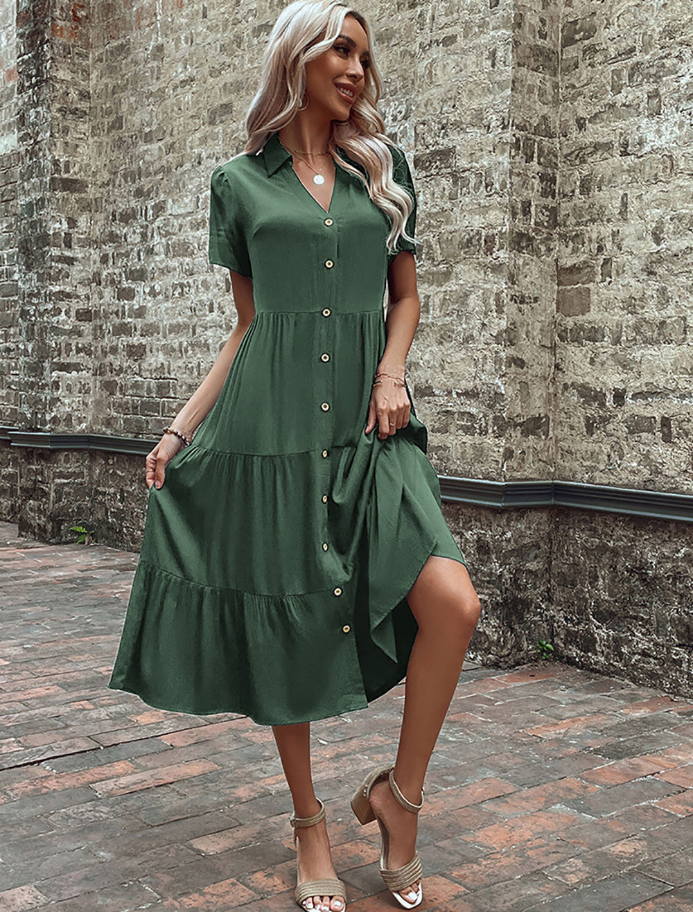 Shirt Collar Short Sleeves Tiered Shirt Midi Dress