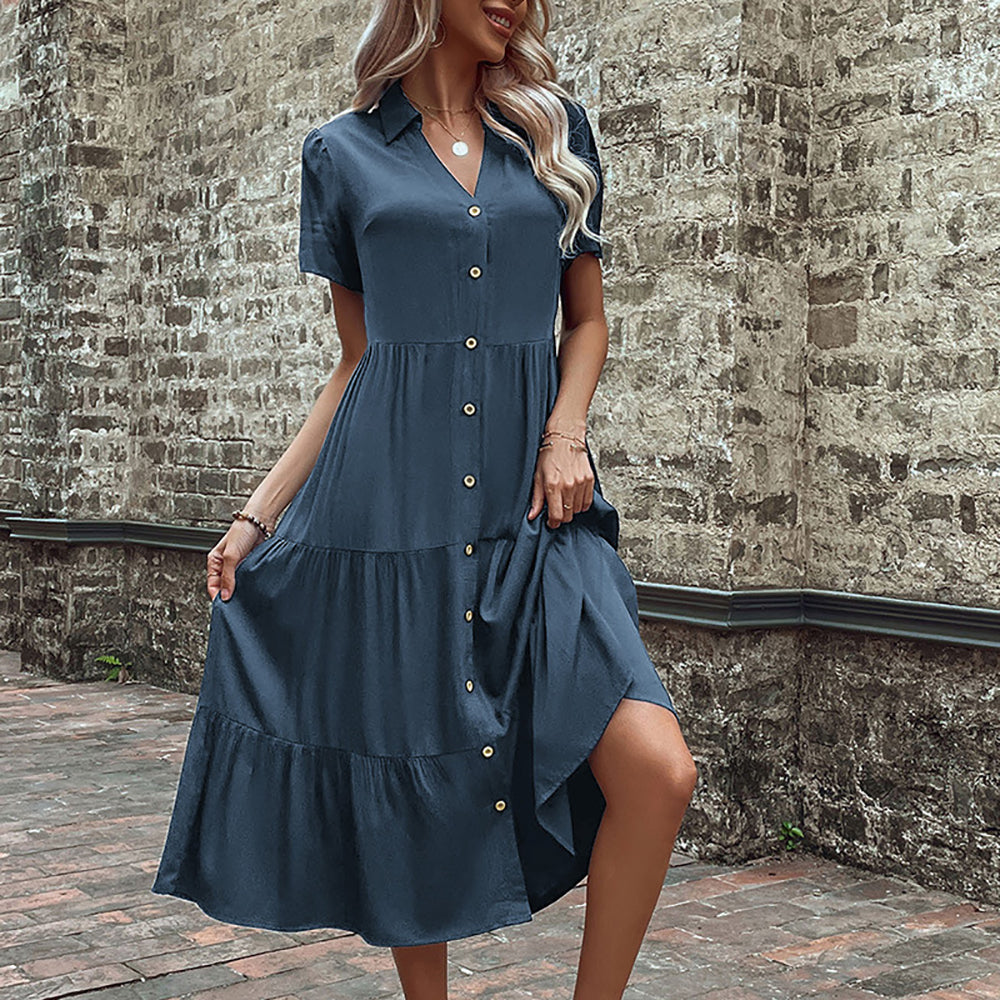 Women Shirt Collar A-Line Midi Dress
