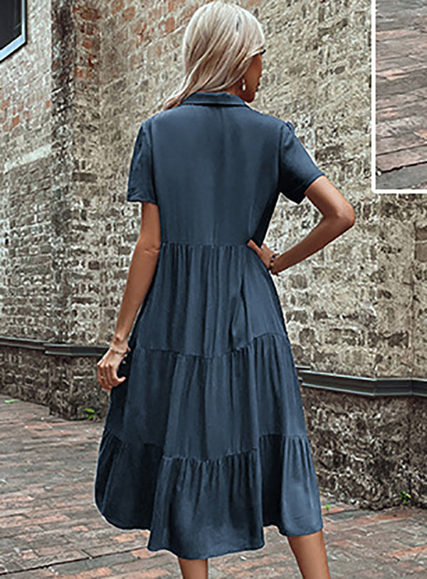 Women Shirt Collar A-Line Midi Dress