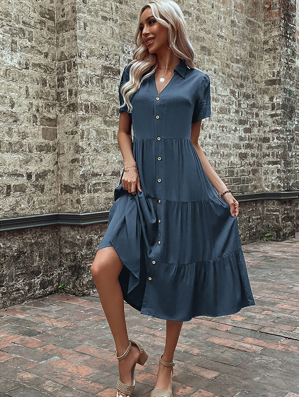 Women Shirt Collar A-Line Midi Dress