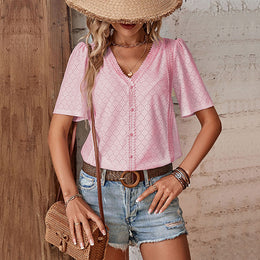 Pink Self Design V-Neck Short Sleeves Shirt Style Top