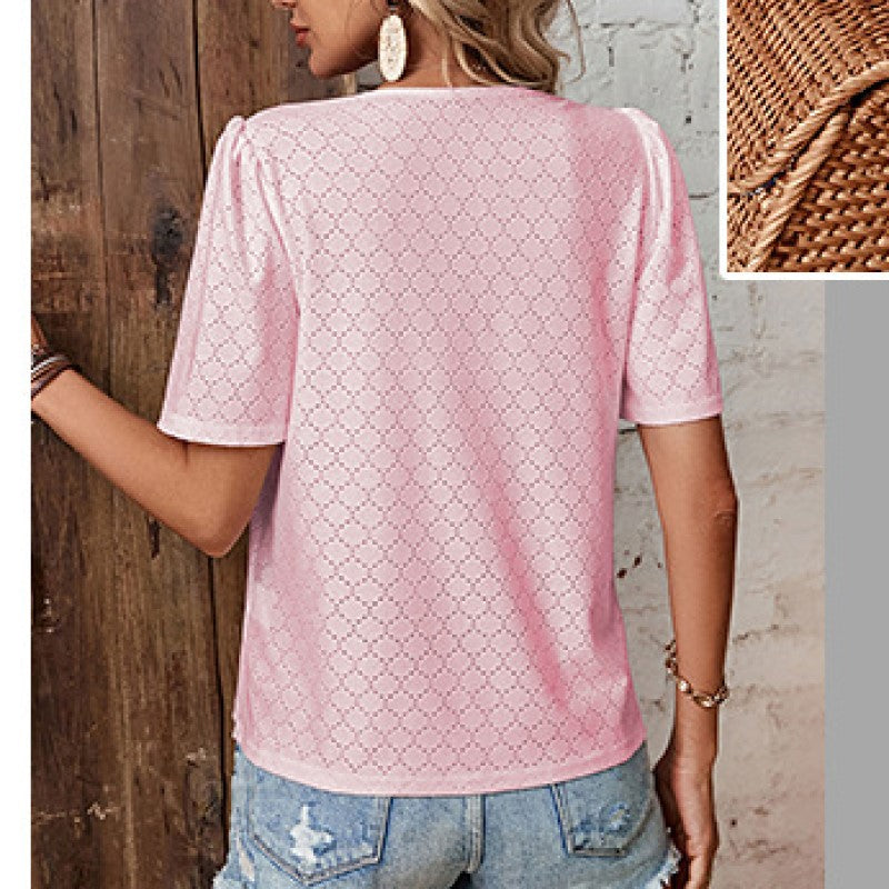 Pink Self Design V-Neck Short Sleeves Shirt Style Top