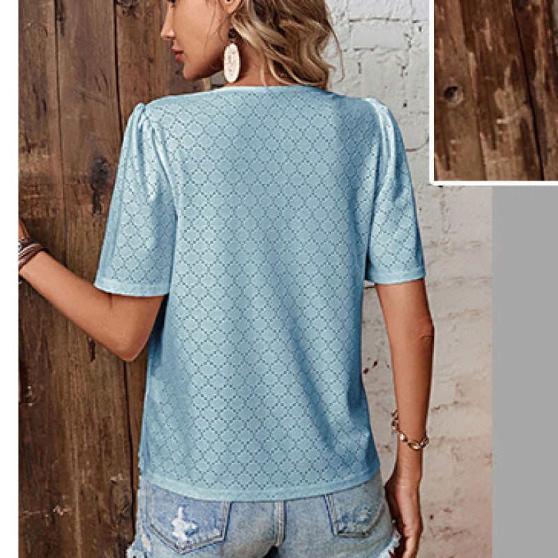 Blue Self Design V-Neck Puff Sleeves Schiffli Detail Crochet Shirt Style Top