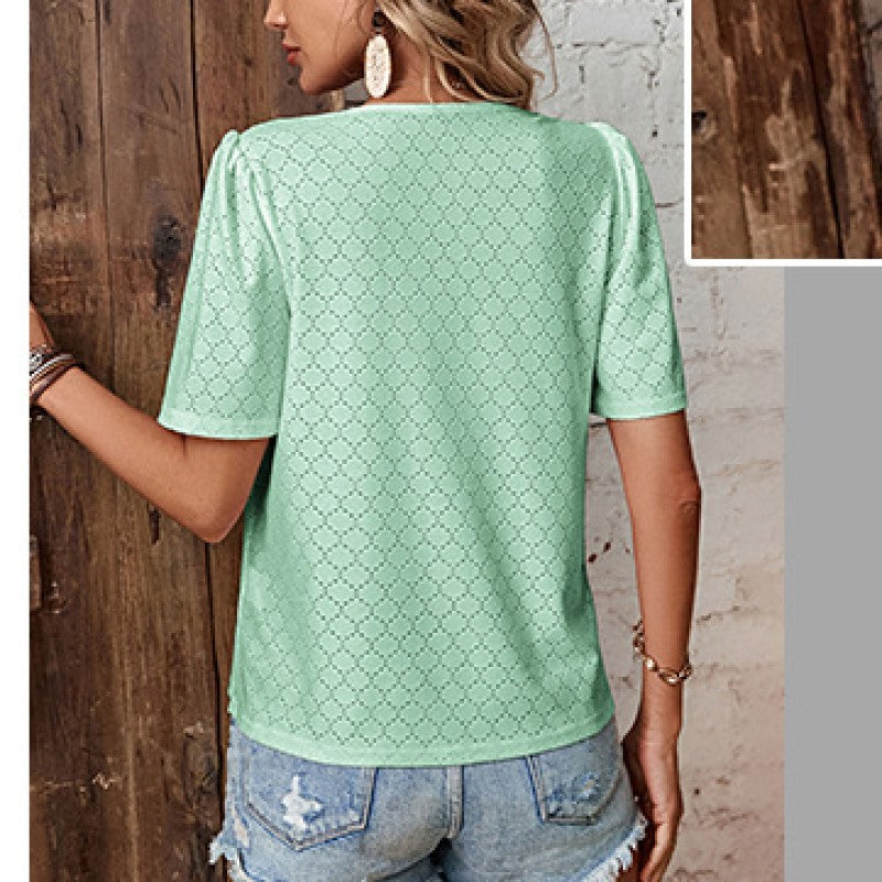 Green Self Design V-Neck Top