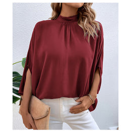 Red High Neck Batwing Sleeve Regular Top