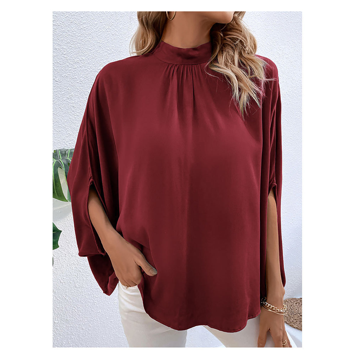 Red High Neck Batwing Sleeve Regular Top