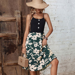 Green & Black Floral Printed Shoulder Straps A-Line Dress