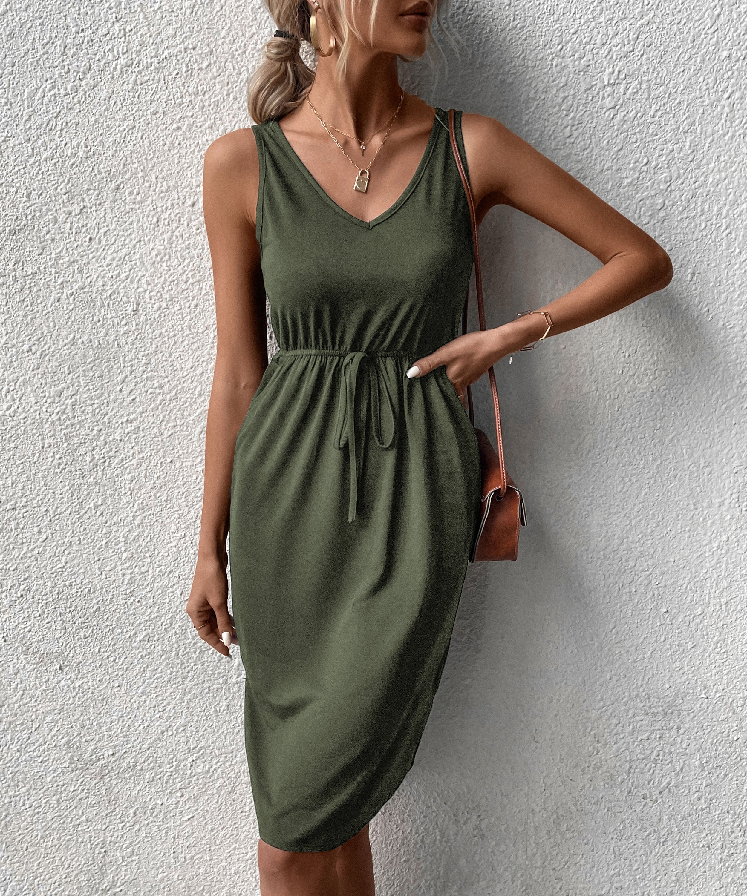 Green Solid Drawstring Belted A-Line Dress