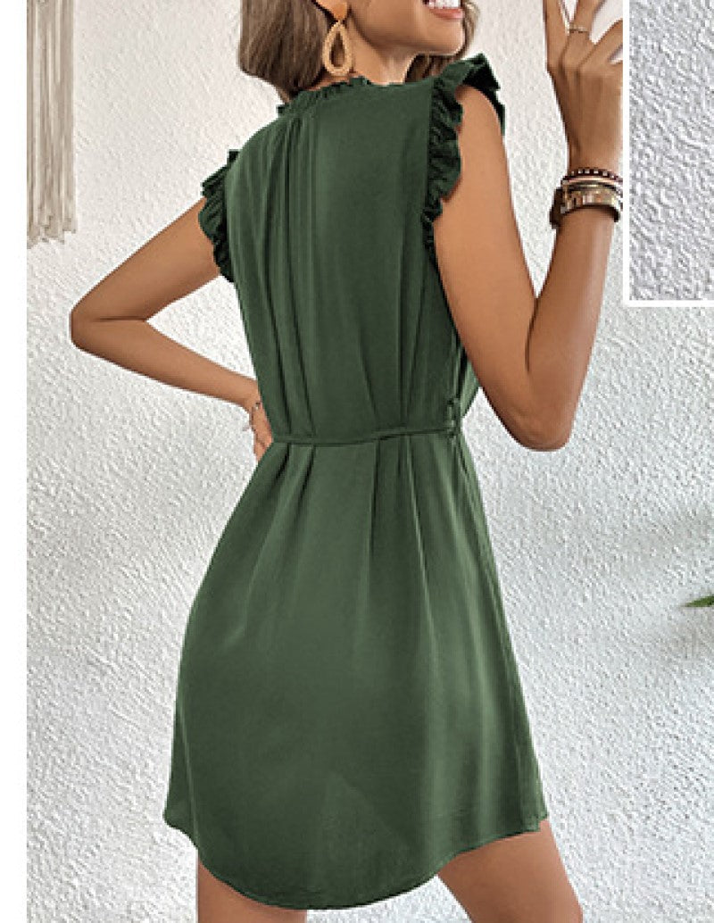 Keyhole Neck Flutter Sleeve A-Line Dress