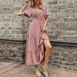 V-Neck Flared Sleeves Tiered Fit and Flare Dress