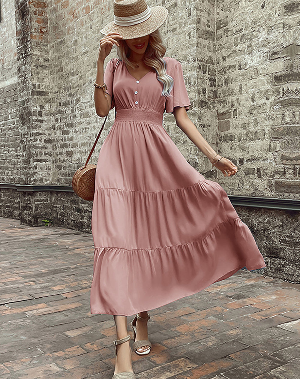 V-Neck Flared Sleeves Tiered Fit and Flare Dress