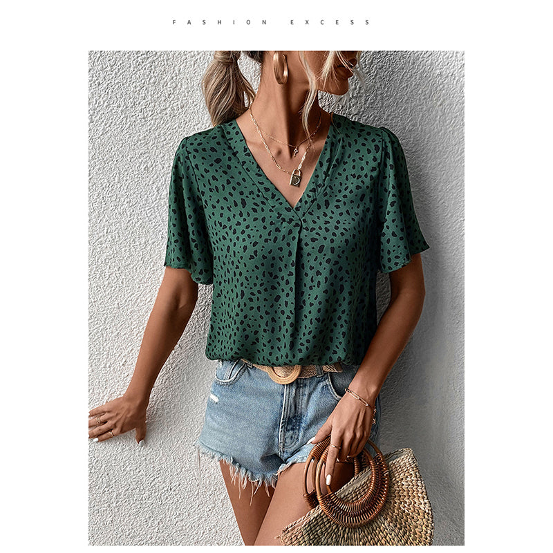 Green & Black Abstract Printed V-Neck Top