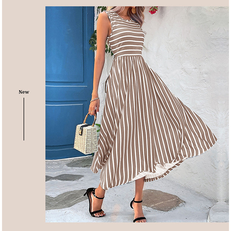 Khaki & White Striped Sleeveless Fit & Flare Dress