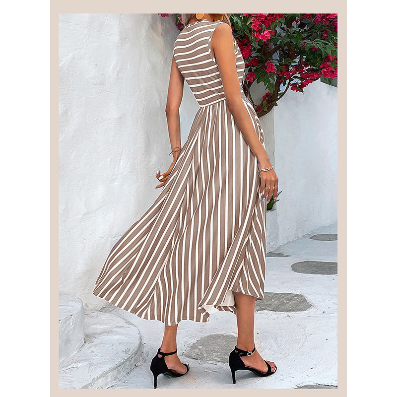 Khaki & White Striped Sleeveless Fit & Flare Dress