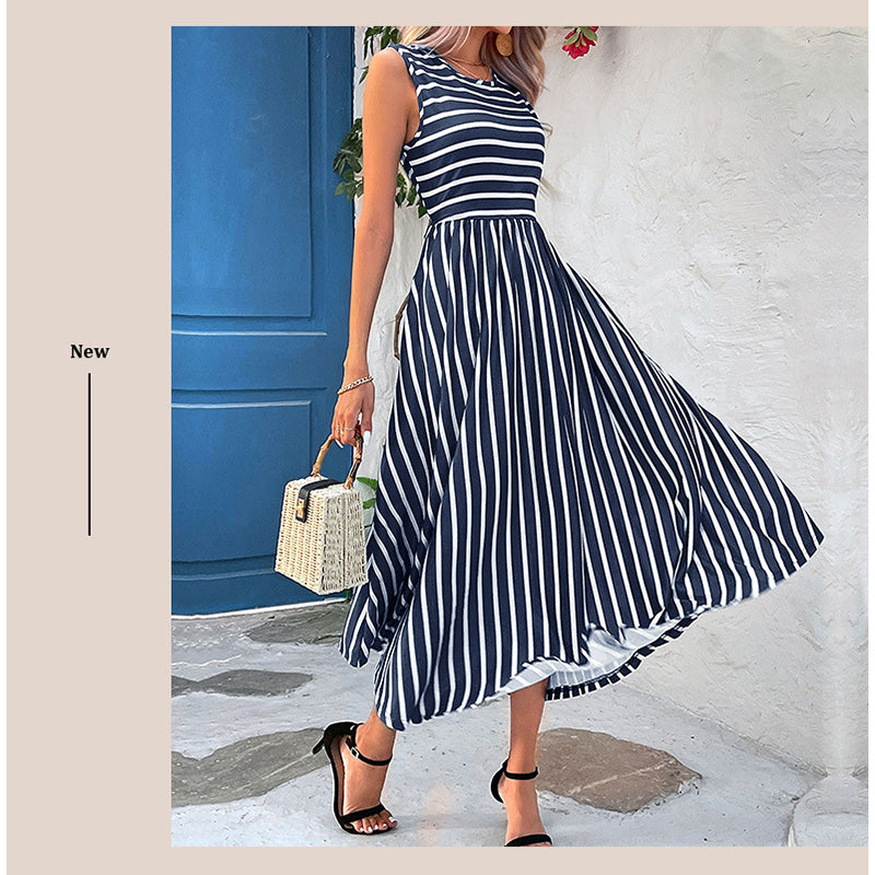 Navy Blue & White Striped Round Neck Fit & Flare Dress