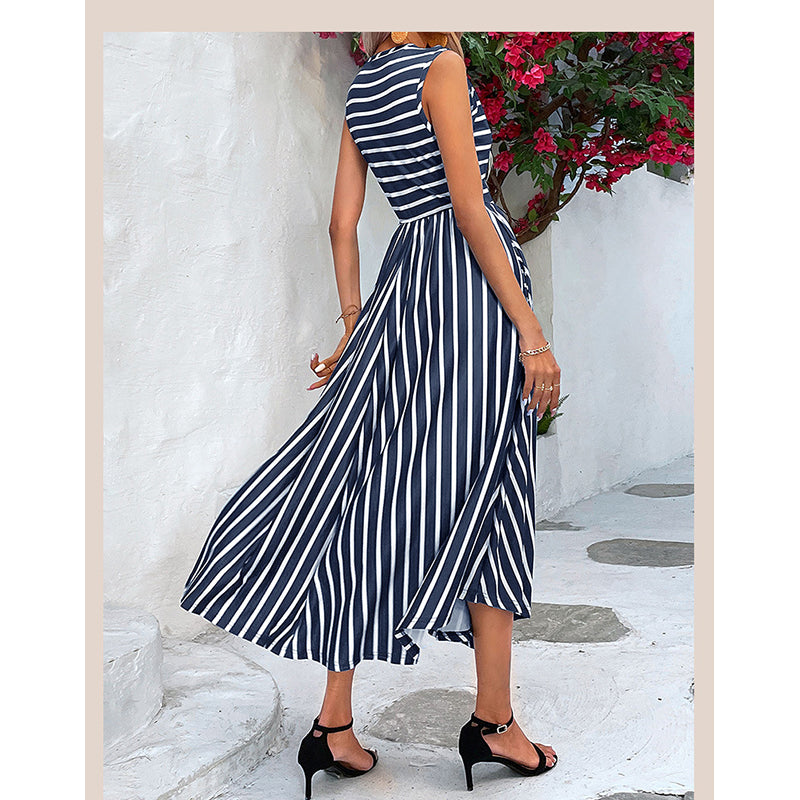 Navy Blue & White Striped Round Neck Fit & Flare Dress
