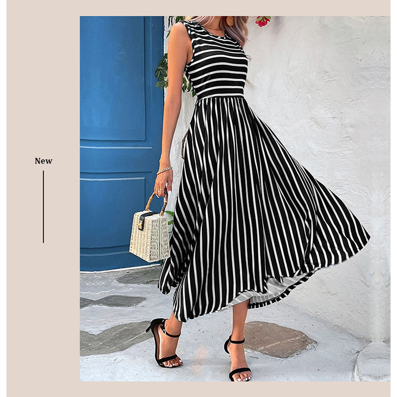 Black Striped Fit and Flare Midi Dress