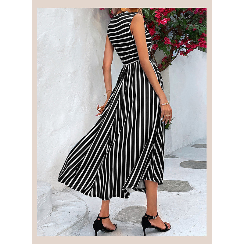 Black Striped Fit and Flare Midi Dress