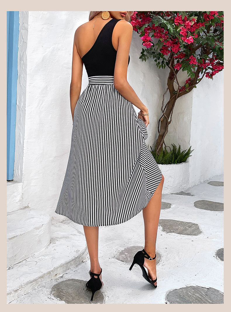 Striped One Shoulder Bow Midi A-Line Dress
