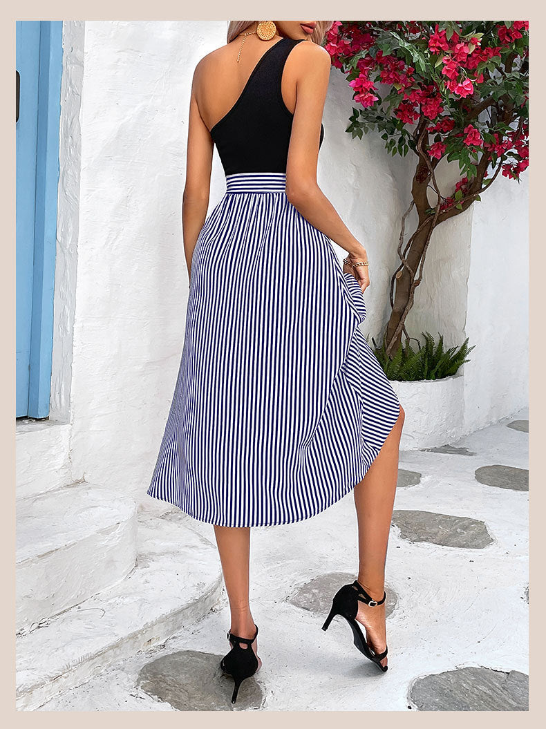 One-Shoulder Striped A-line Midi Dress