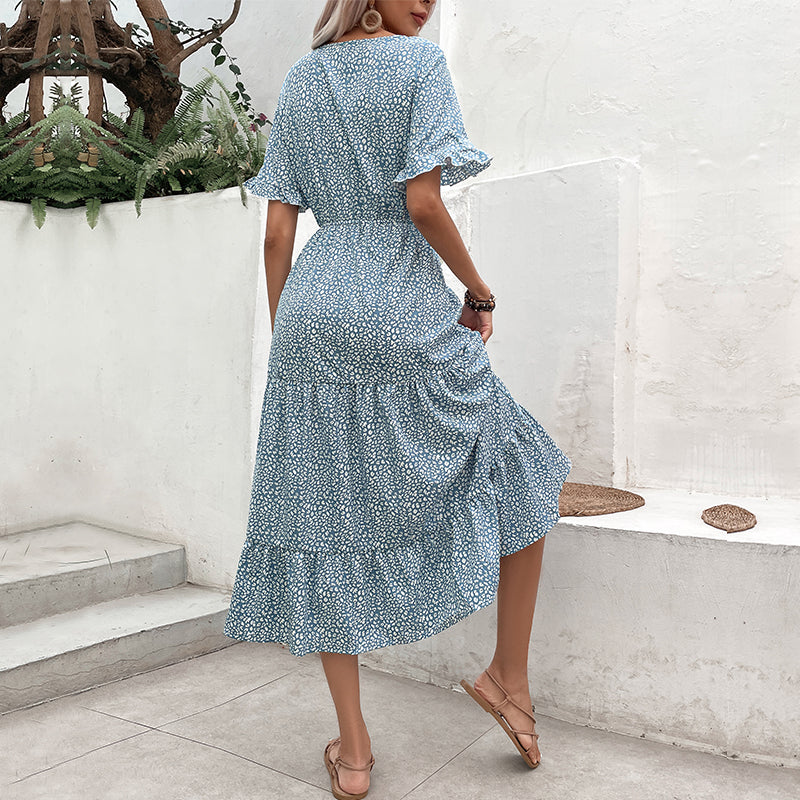 Blue Abstract Printed Tiered A-Line Midi Dress