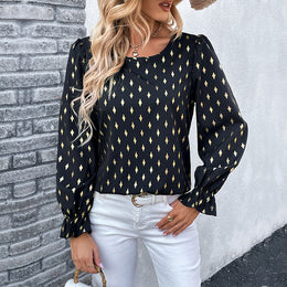 Black Geometric Printed Puff Sleeve Top