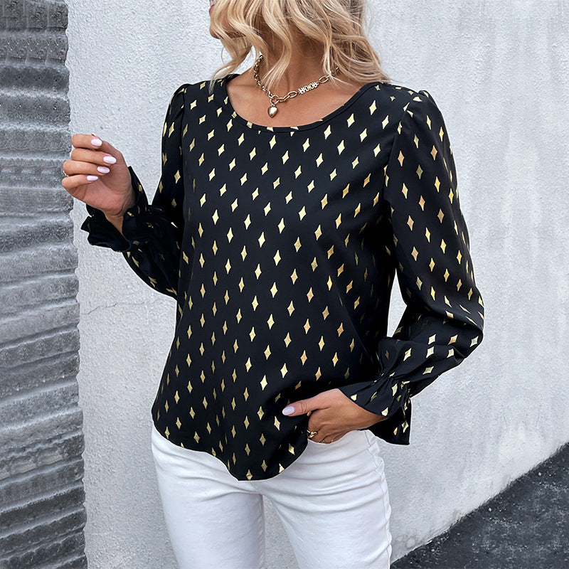 Black Geometric Printed Puff Sleeve Top