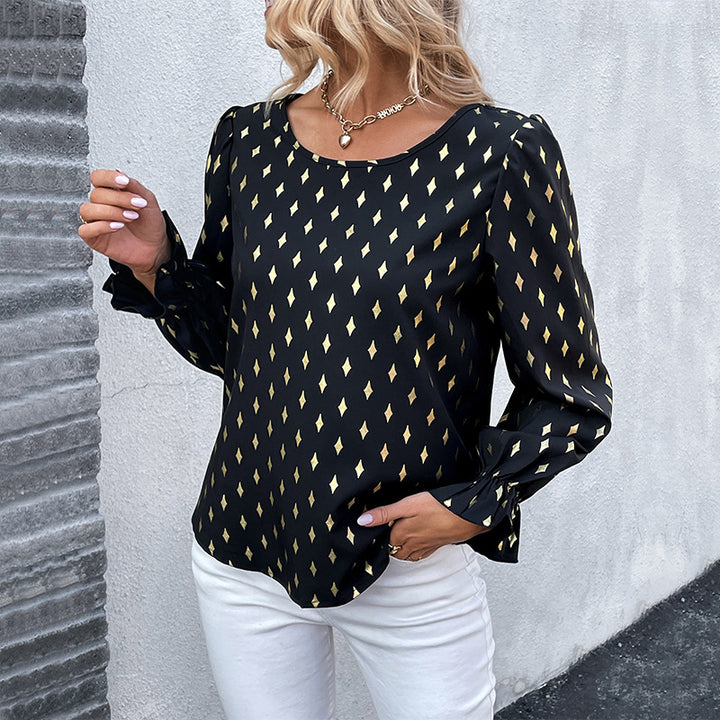 Black Geometric Printed Puff Sleeve Top
