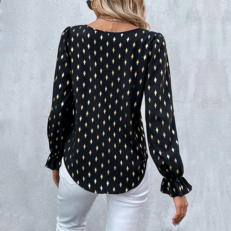 Black Geometric Printed Puff Sleeve Top