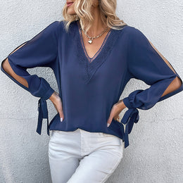 Blue V-Neck Slit Sleeves Top