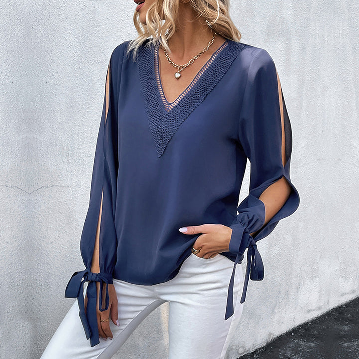 Blue V-Neck Slit Sleeves Top