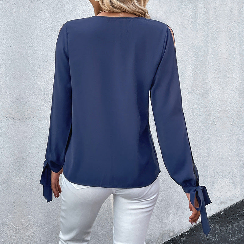 Blue V-Neck Slit Sleeves Top