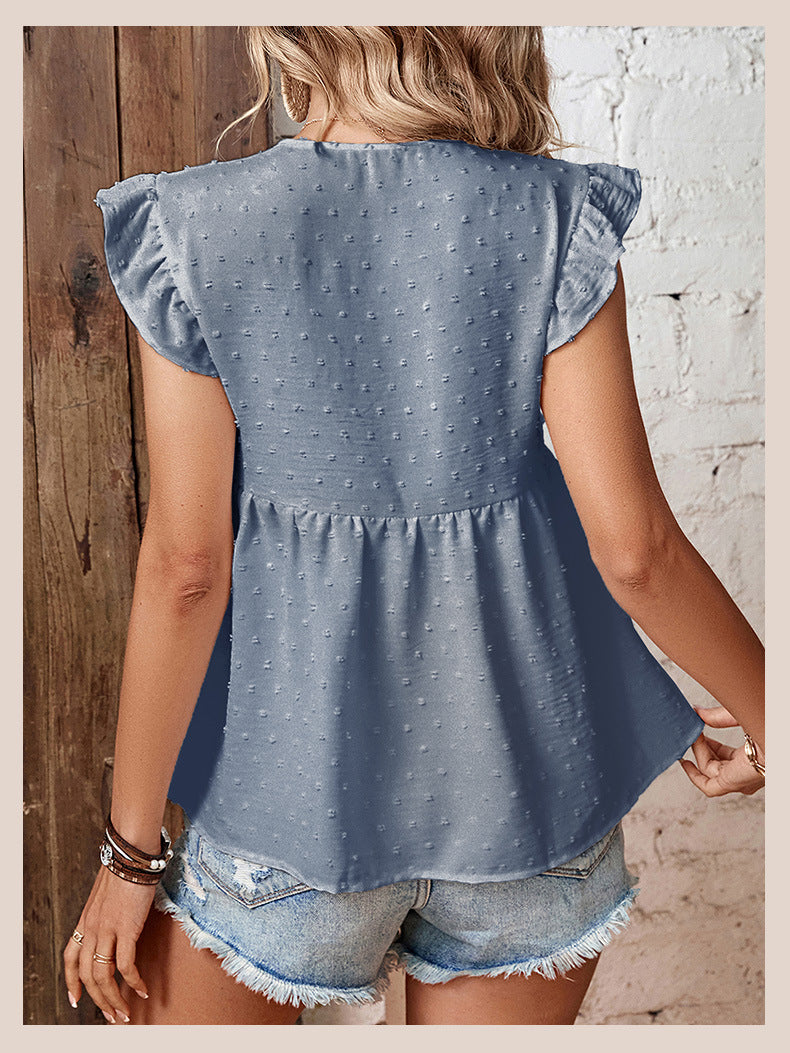 Blue Self Design Flutter Sleeve Empire Top
