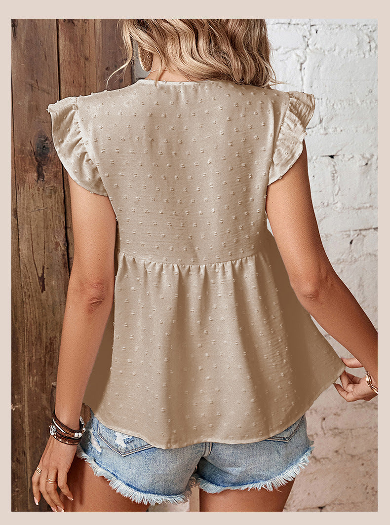 Beige Self Design Tie Up Neck Flutter Sleeve Top