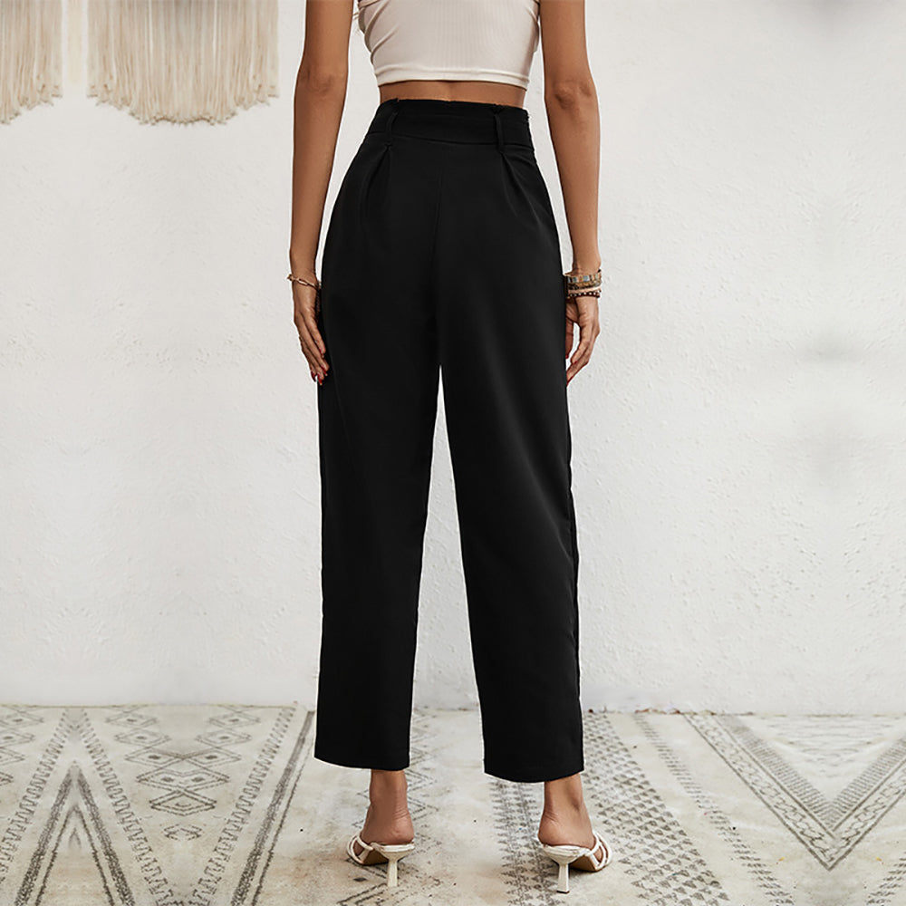 Women Straight Fit High-Rise Easy Wash Pleated Trousers
