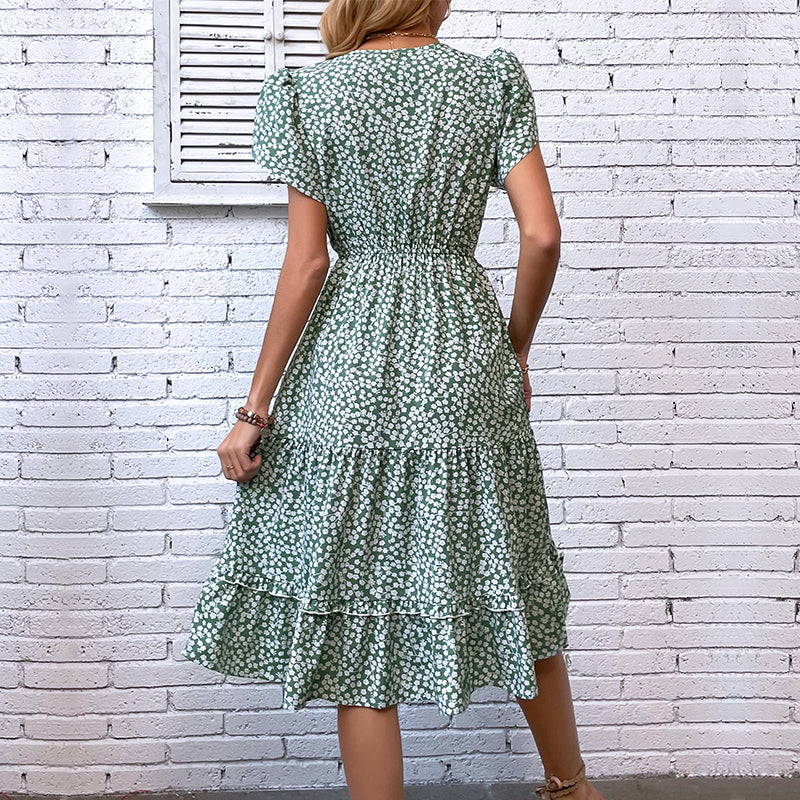 Green Floral Printed Tie-Up Neck Tiered Fit & Flare Midi Dress
