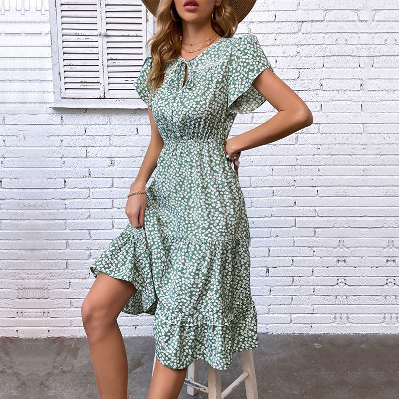 Green Floral Printed Tie-Up Neck Tiered Fit & Flare Midi Dress